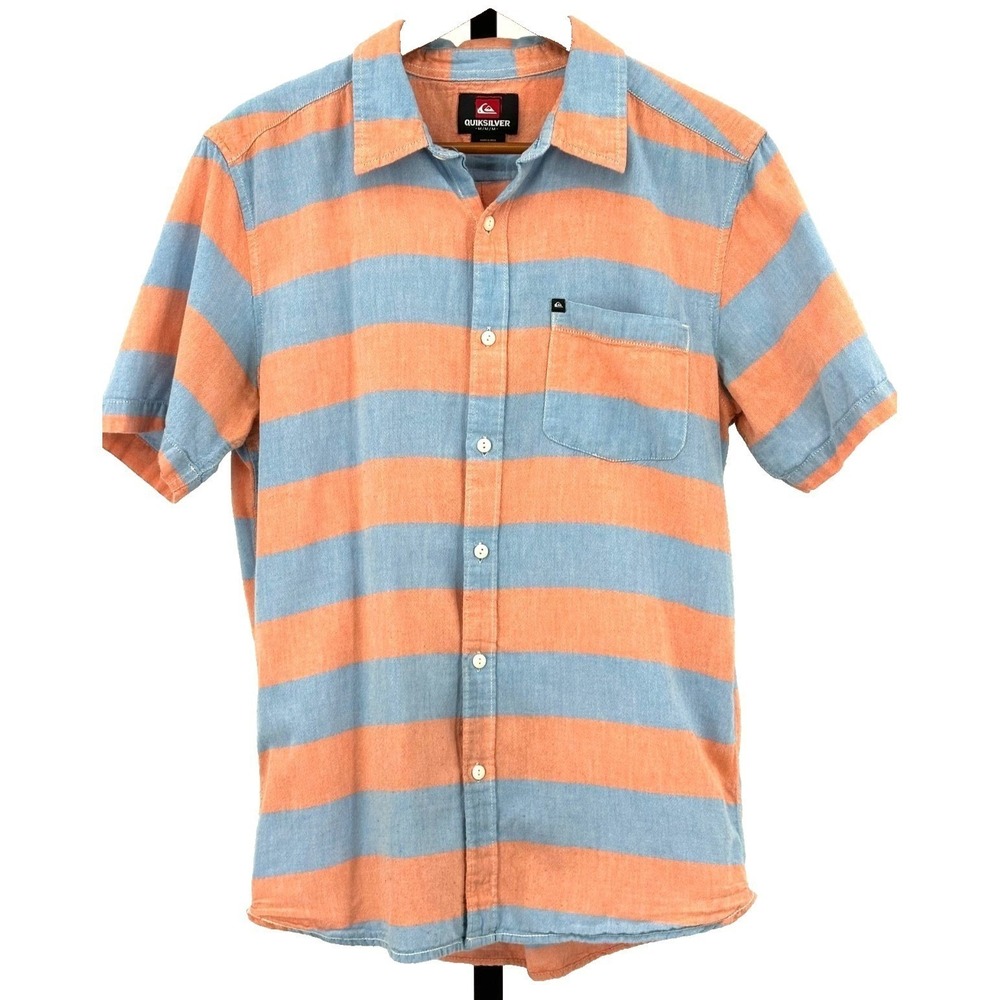 QUIKSILVER Short Sleeve Shirt Orange & Blue Stripe Cotton Button Front Men's M